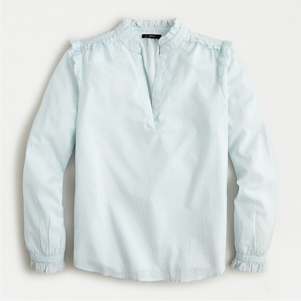 NWT J. Crew Swiss Dot Ruffled Popover Light Blue V-Neck Long Sleeve Blouse